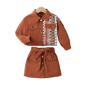 Venda quente meninas roupas set manga longa estilo étnico patchwork casaco de veludo cotelê + saia sólida roupa para o bebê menina 2 conjuntos