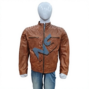 Nabtay Sports Men's <b>Brown</b> <b>Leather</b> Moto Biker <b>Jacket</b> Stand Collar Zipper Front Solid Color Quick Dry Autumn Wear Regular Fit - Product Image 1
