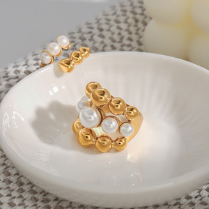 Anillo de Perlas de Oro de 18k con Diseño de Bola de Acero Inoxidable, Forma Geométrica, Engaste de Bisel, Joyería Unisex para Uso Diario - Product Image 3