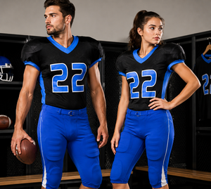 Ensemble de maillots de football américain personnalisés, noir et bleu, en mesh, sans manches, col en V, sublimé, 100% polyester, respirant, ajusté - Product Image 4