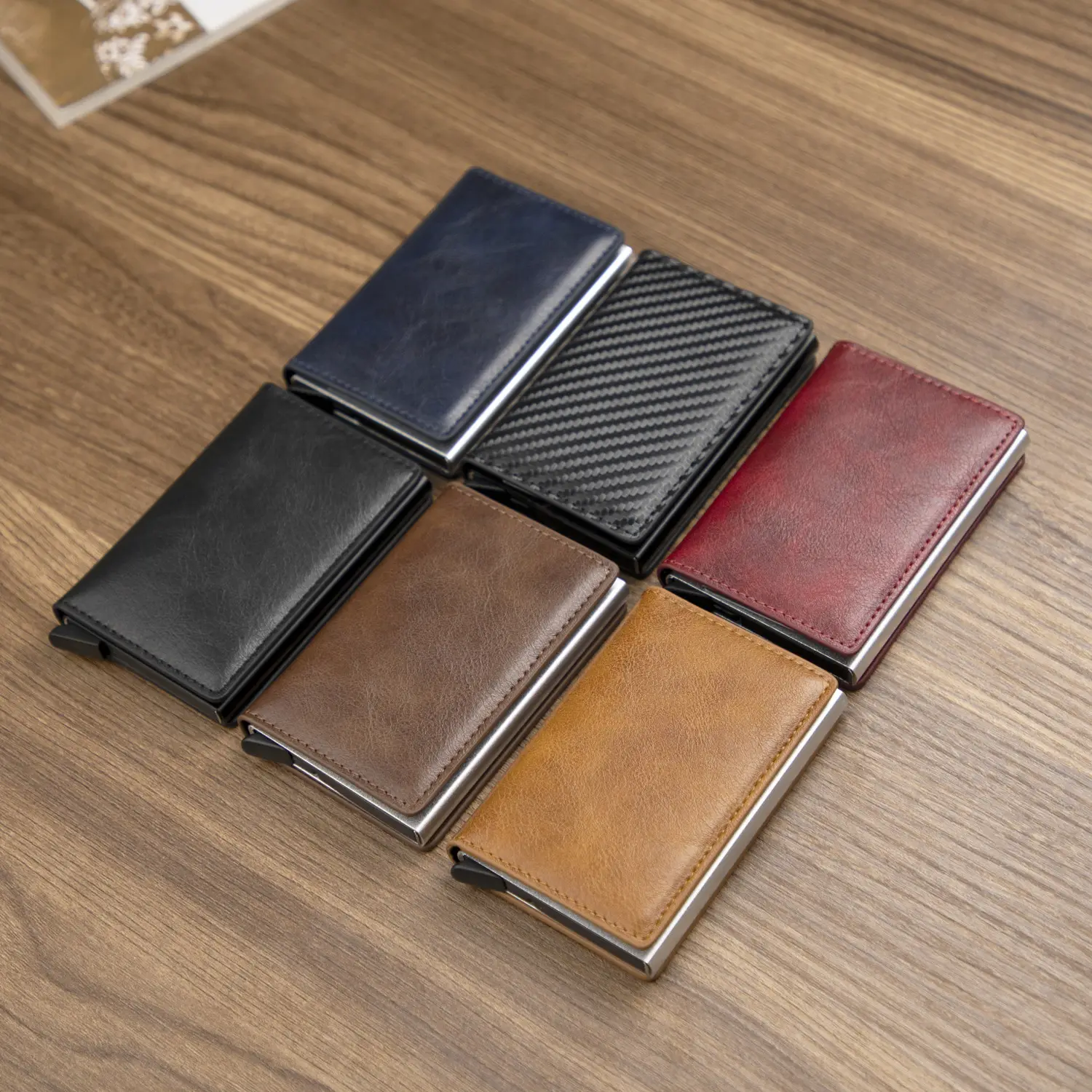 wholesale mens pu leather card holder trading aluminum pop up card binder metal business card holder wallet with metal box