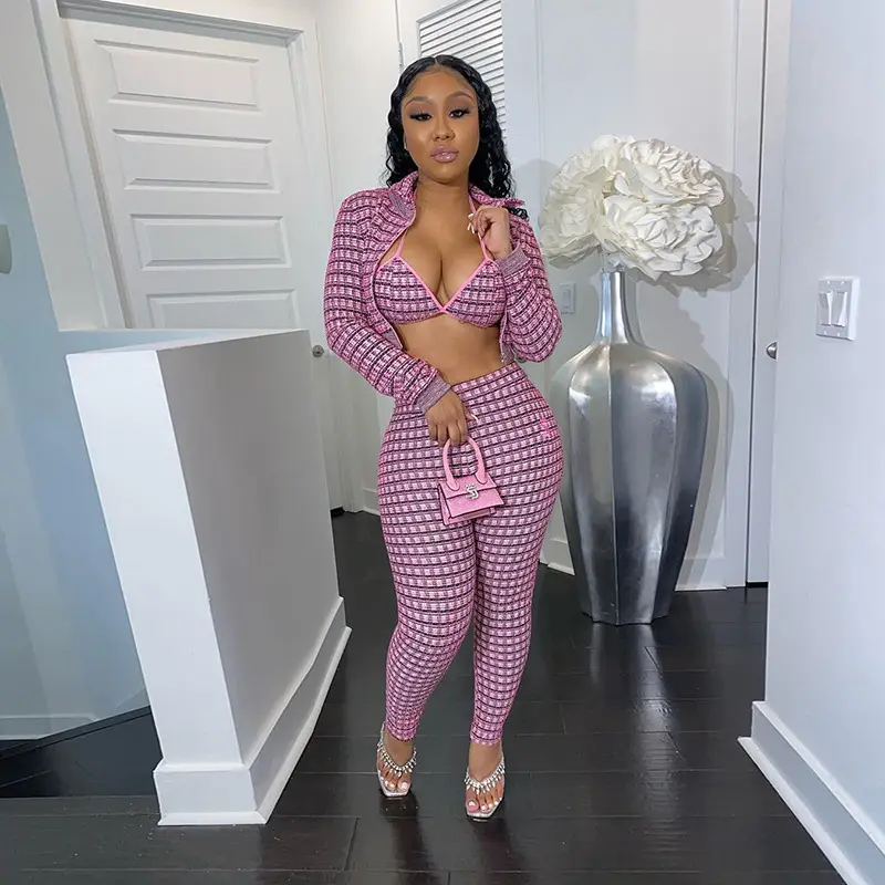 2020 Fall Clothing For Women Plaid Pink Sexy 3 Piece Set Clubwear Outfits Jacket Long Sleeve Crop Top Pants Matching Sets