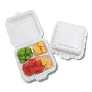 White Plastic Meal Tray With Lid Clamshell Cornstarch Hot Box Takeaway Containers 3 Compartment Food Tray Storage Boxes