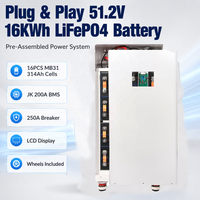 Batería LiFePO4 Plug and Play de 51.2V 16KWh, 16PCS Ev MB31 314Ah JK 200A BMS LCD 250A con Disyuntor y Ruedas, Ensamblada