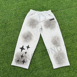 Pantalones de chándal holgados con cordón y estampado de soplo de color en aerosol lavados sucios grises Terry de alta calidad para hombre OEM - Product Image 2