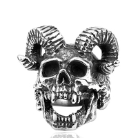 Bague en acier inoxydable personnalisée en gros avec crâne et longues cornes pour homme, bague punk gothique démon, bijoux de mode, cadeau pour lui