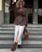 Blazer tendance automne-hiver pour femme, col en V, manches longues, veste à revers à lacets, décontractée, ample, vêtements d'extérieur, blazers de bureau pour femme