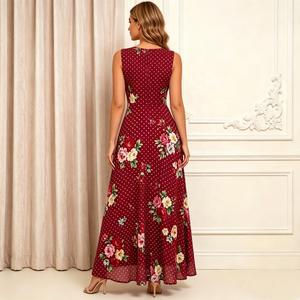 Abito da sera <span class=keywords><strong>bordeaux</strong></span> floreale con pois, modello a trapezio, maxi, scollo rotondo, senza maniche, lunghezza al pavimento, per ballo di fine anno o feste - Product Image 2