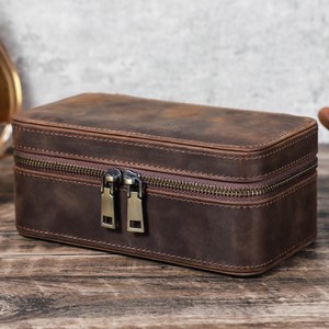 Boîte de rangement pour montres et bijoux en cuir Crazy Horse vintage, 3 emplacements, fermeture éclair anti-choc, rectangulaire, portable, boîte cadeau de voyage pour montres - Product Image 5