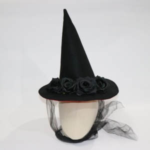 Sombrero de Bruja Negro Personalizado con Rosas y Tul, Gorro de Mago de Fieltro para Disfraz de Fiesta de Halloween, Mujer Adulta - Product Image 4