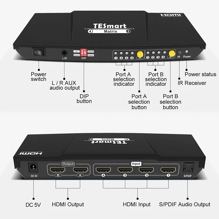 TESmart Matriz Bộ Chuyển Đổi Ma Trận 4K HDMI 4X2 Bộ Chia Công Tắc HDMI 4 Đầu Vào 2 Đầu Ra Ma Trận HDMI 4X2 Với IR S/PDIF
