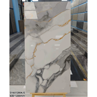 Carrelage Céramique Luxe 60x120cm Effet Marbre Ventre de Poisson Lignes Dorées, Finition Brillante Plaqué Or pour Hall d'Hôtel Moderne en Pierre Européenne
