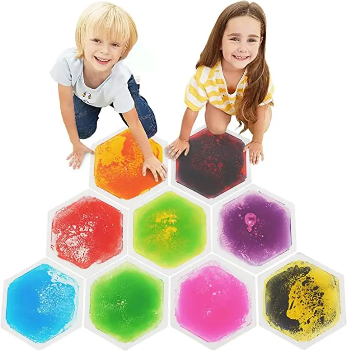 500*432 Hexagon Color Liquid Puzzle Mat Kids Floor Sensory Mat with Liquid Color Brick Sensory Play Mat for Children