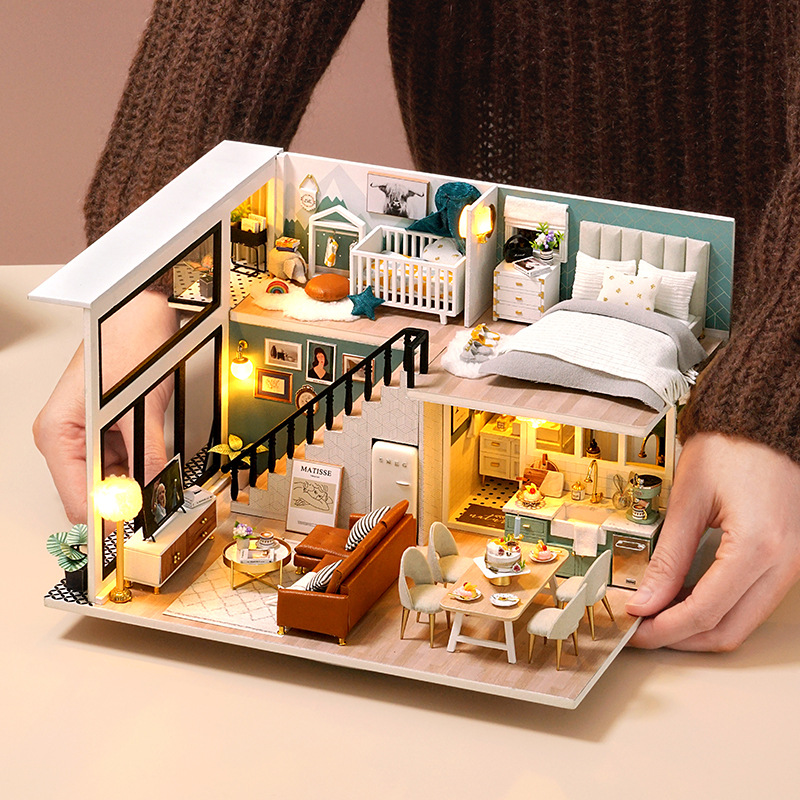 Christmas Gift Handmade Miniature Doll House Model with Furniture Dust Proof Music LED Lights Wooden DIY Doll house Kit