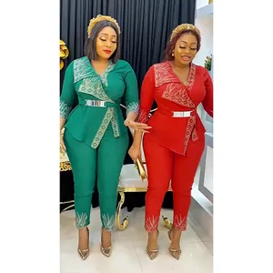 Elegant 2 Piece Suit Clothing Embroidery Diamond Beaded Blouse Plus Size African Clothes Women Trousers Set Career Dresses