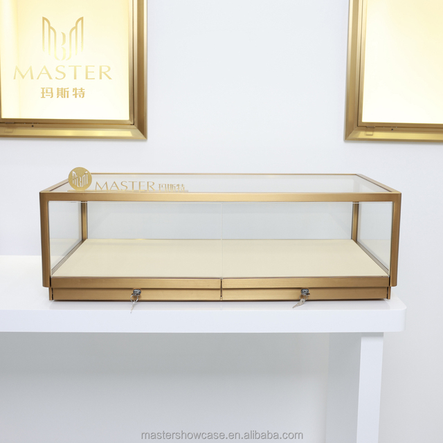 Custom High End Display Cases Cabinets Tempered Glass Product Showcase Luxury Golden Glass Display Cabinet with Led Lights