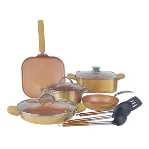 11 pcs golden matallic coating non stick cookware set copper pots and pans with anti hot hand protective cover