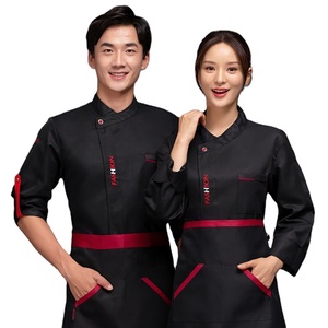 Logo personalizzato elegante manica lunga nero bianco rosso Unisex cappotti <span class=keywords><strong>da</strong></span> lavoro Hotel ristorante cucina grembiuli camicie Set <span class=keywords><strong>Chef</strong></span> uniforme - Product Image 2