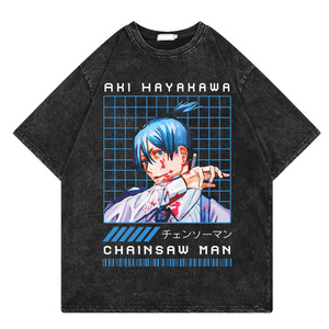 Camiseta Personalizada Negra de 280 Gramos, 100% Algodón, Lavado Ácido, Diseño Vintage de <span class=keywords><strong>Chainsaw</strong></span> <span class=keywords><strong>Man</strong></span>, Denji, <span class=keywords><strong>Makima</strong></span>, Aki Hayakawa, Anime, para Hombre - Product Image 5
