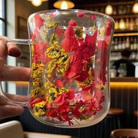 Mug Kaca Dinding Ganda Bunga Kering dengan Gagang, Cangkir Kopi Teh Terisolasi Motif Hydrangea Pink, Hadiah Estetis untuknya, Perlengkapan Minum