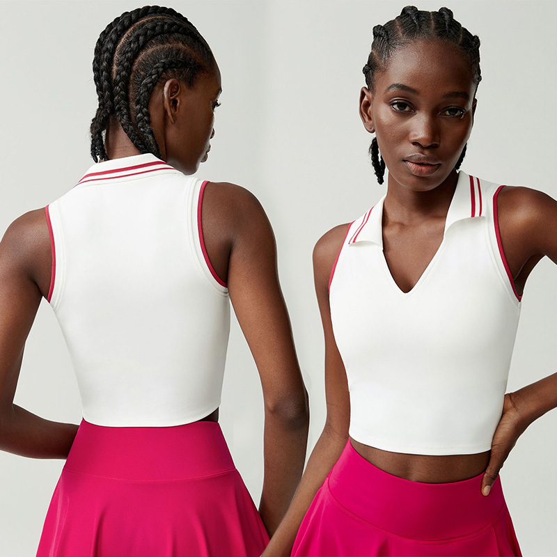 Roregal New Arrival Ribbed Lapel Deep V Fitness Quick Drying Running Sleeveless Top Yoga Sport Vest with Chest Pad