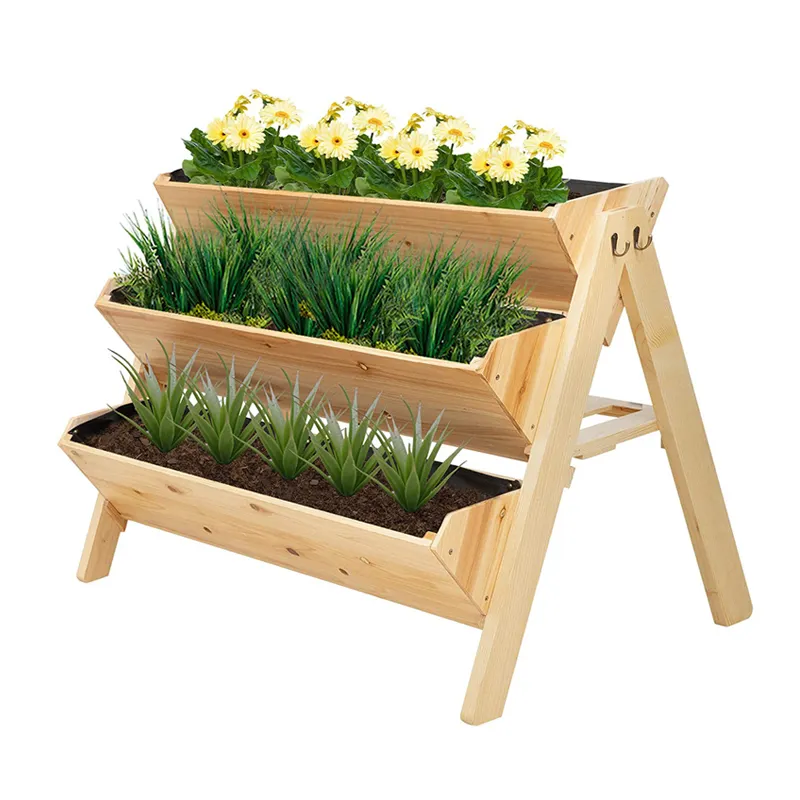 wholesale 3 Tiers Wooden Raised Garden Plant bed Hooks Flowers Herbs Vegetables planter box