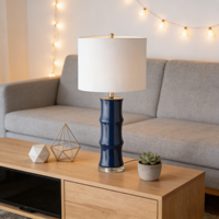 Lampe de lecture décorative LED pour salon, chambre à coucher, lampe de bureau bleue en forme de bambou, base en céramique, abat-jour en tissu, lampe de table