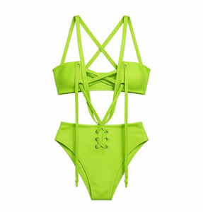 Vente en gros OEM de maillots de bain de carnaval personnalisés, monokini néon à lacets et bandage, et bikinis découpés OEM en gros <span class=keywords><strong>pour</strong></span> le festival de Miami et les fêtes des Caraïbes - Product Image 3