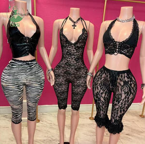 Trendy Mesh 2-teilige Sets Frauen Sexy V-Ausschnitt Crop Top Weste und Shorts Set Sommer Damen bekleidung - Product Image 1