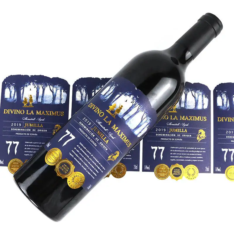 Özel cam şarap şişesi ambalaj etiket baskı dokulu öz yapışkanlı kağıt altın folyo kabartmalı kırmızı şarap şişesi etiket
