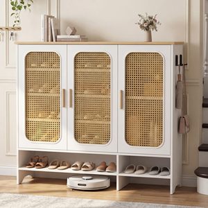 SENYU Meuble de rangement à chaussures moderne en rotin pour entrée, 6 étagères, gain de place, autoportant, mobilier de maison, dessus en bois blanc - Product Image 2