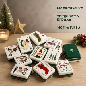 Jeu de Mahjong Américain de Noël avec Tuiles Père Noël et Rennes, 160 Pièces en Acrylique Vert Vintage, Gravées, pour 4 Joueurs, Tapis Inclus, Cadeau de Fêtes - Product Image 4
