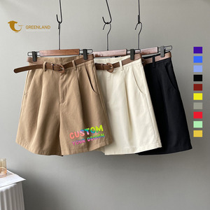 Vente en gros de shorts en polyester pour femmes taille haute avec logo personnalisé avec poche pantalon <span class=keywords><strong>court</strong></span> décontracté respirant à jambes larges pour femmes - Product Image 1