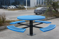 Table de pique-nique extérieure publique et commerciale à piédestal en acier élargi Table de salle à manger extérieure en métal de jardin de restaurant extérieur avec banc
