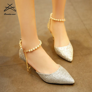 Sandales pour femmes été 2022, nouvelle mode coréenne, pointues, avec paillettes et perles, sandales à talon court pour mariée et demoiselle d'honneur - Product Image 2