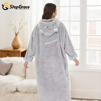 Robe de nuit longue à manches longues en coton gris d'hiver de haute qualité StepGrace avec broderie de chat, robe longue surdimensionnée, couverture à capuche noire portable