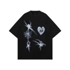 Camiseta de Manga Corta para Hombre, Primavera-Verano, 100% Algodón, Transpirable, Anti-Pilling, Estilo Urbano, Estampado de Corazón de Araña Oscuro, Lavado y Desgastado - Product Image 4