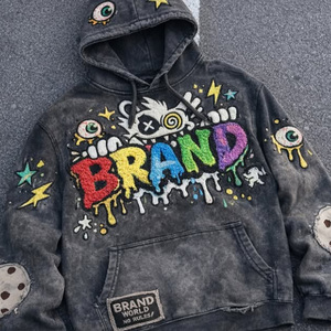 Kleurrijke digitale print sun fade vintage chenille 3D borduurwerk patch privé geweven label cropped pullover hoodie oversized - Product Image 1