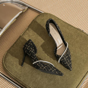 Sandalias de Tacón de Aguja Estilo Coreano Evergreen 2025 para Mujer, de Cuero Genuino, con Cadena de Perlas, Diseño de Parches, Punta Cerrada, Antideslizantes - Product Image 1