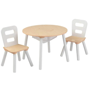 Mesa de almacenamiento redonda y juego de 2 sillas - Natural y blanco para dormitorio infantil, escritorio para muebles infantiles - Product Image 1