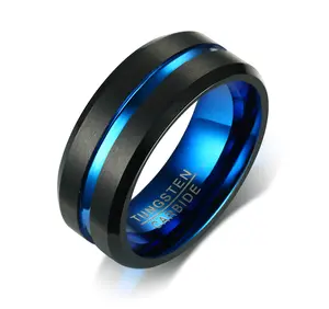 8Mm Wolfraamcarbide Mannen Ring Trouwband Interface Blauwe Lijn Zwart Mat Oppervlak Klassiek Mannelijke Sieraden Jubileum Cadeau