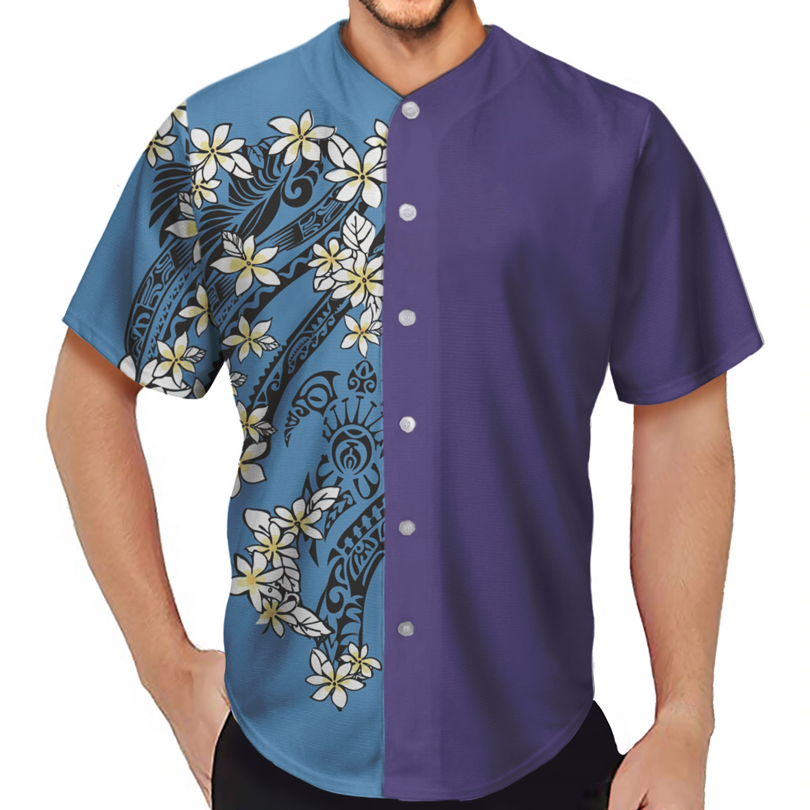 Uniforme de Baseball pour hommes, de luxe, bleu et violet, Design de couleur contrastée, imprimé floral, en polynésienne bon marché, chemises pour hommes personnalisées