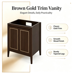 Mueble de Baño Rústico de Madera Maciza con Detalles en Dorado Marrón, Espejo Incluido, 2 Cajones con Cierre Suave, Tiradores Cromados Pulidos, para Colocar en el Suelo - Product Image 1