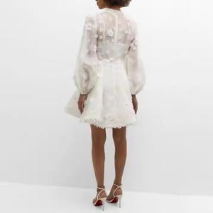 Nouvelle arrivée, robe décontractée d'automne de haute qualité, manches longues, dentelle florale, robe en mousseline de soie, robe blanche modeste - Product Image 5