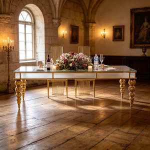 Customization Graceful White Rectangle Tempered Top Gold Stainless Steel Wedding Dining Room Party <b>Table</b> - Product Image 1