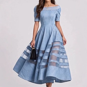 <span class=keywords><strong>Robe</strong></span> longue <span class=keywords><strong>en</strong></span> <span class=keywords><strong>jean</strong></span> pour femme, coupe trapèze évasée, à épaules dénudées, manches courtes bouffantes, patchwork rayé <span class=keywords><strong>en</strong></span> maille, élégante - Product Image 2