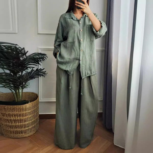 Completo da <span class=keywords><strong>donna</strong></span> taglie forti 2026 in cotone e <span class=keywords><strong>lino</strong></span> tinta unita, casual, ampio, con camicia e <span class=keywords><strong>pantaloni</strong></span> a gamba larga, 2 pezzi - Product Image 3