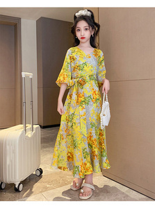 เดรสคอวีลายดอกไม้สีเหลืองสำหรับเด็กผู้หญิงชุดเดรส2023หรูหราสำหรับฤดูร้อน - Product Image 3