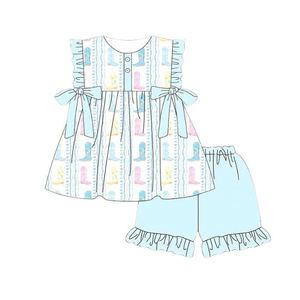 GSSO3444 Ensemble personnalisé pour petite fille active, imprimé bottes colorées, tenues pour enfants, vente en gros, ensemble à manches courtes pour fille - Product Image 1