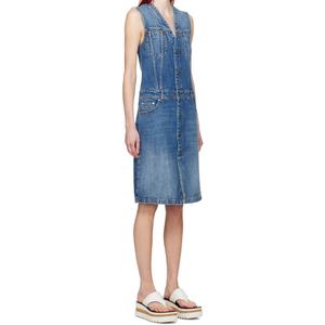 Robe midi en jean pour femme, sans manches, bleu, à empiècements, col en V, fente centrale, fermeture boutonnée, en coton, style mode estivale - Product Image 2